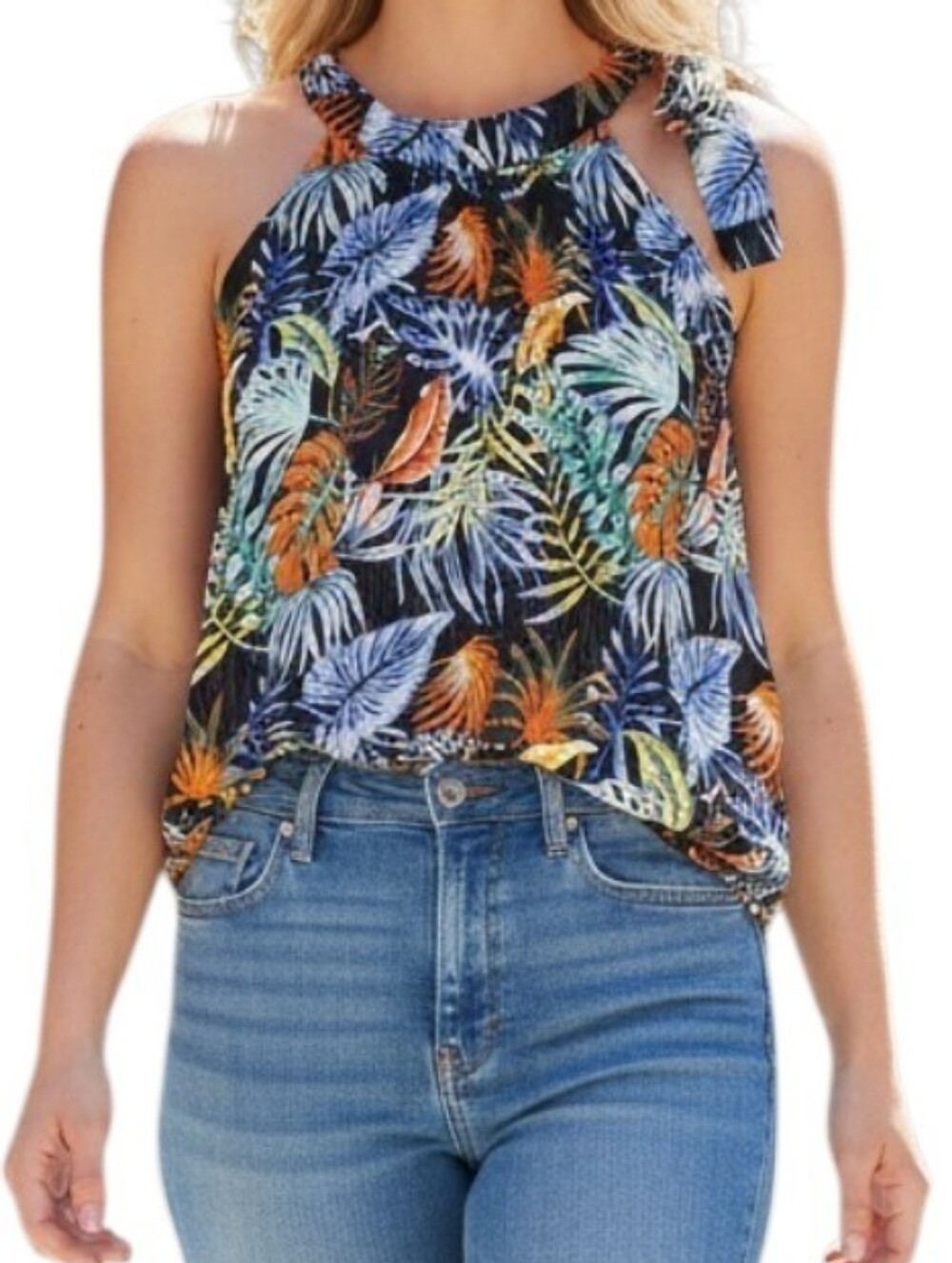 A Love Story Tie Neck Tropical Hawaiian Sleeveless Blouse